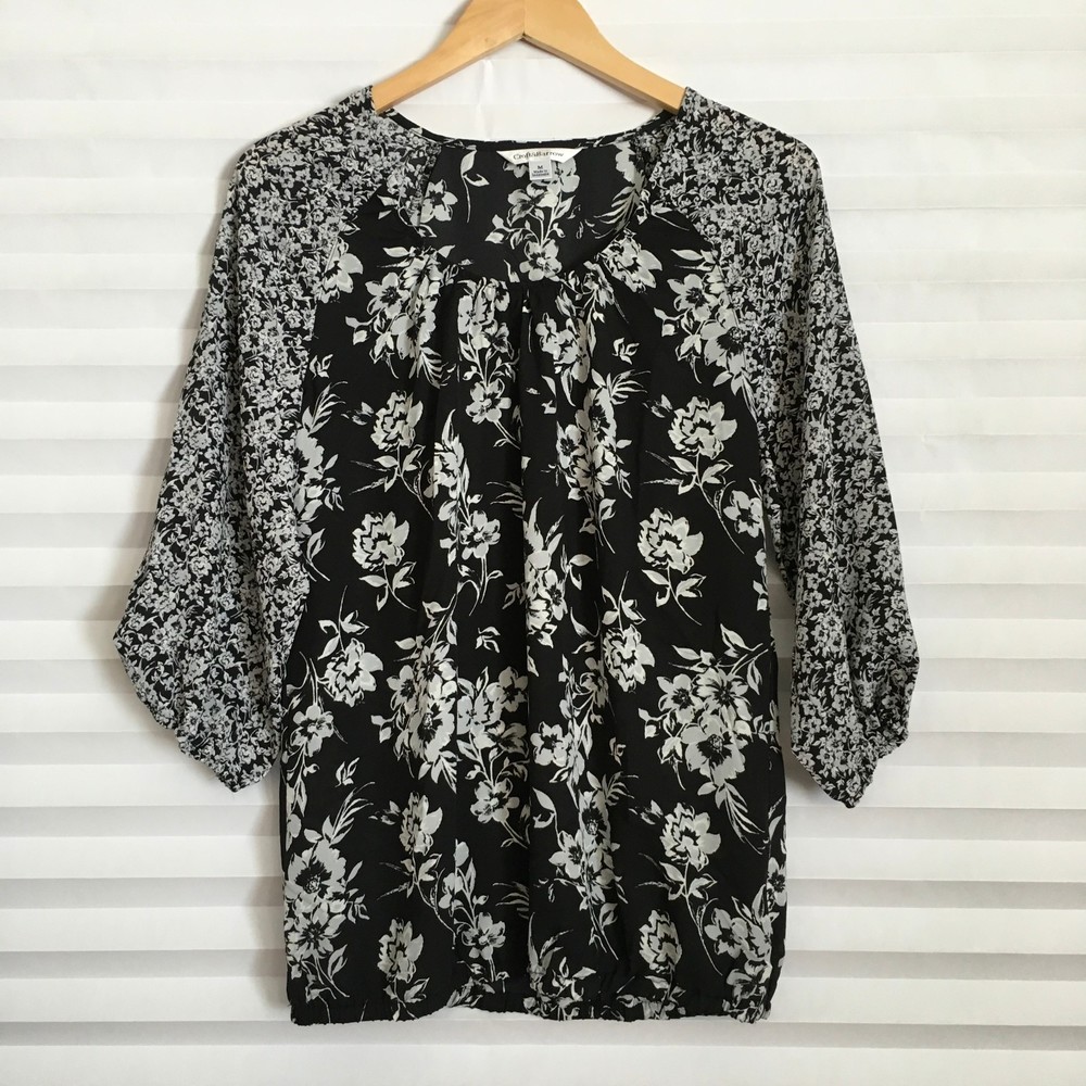 Croft & Barrow Women Blouse Top Size M Black Floral Pattern 1/2 Sleeve Pull Over